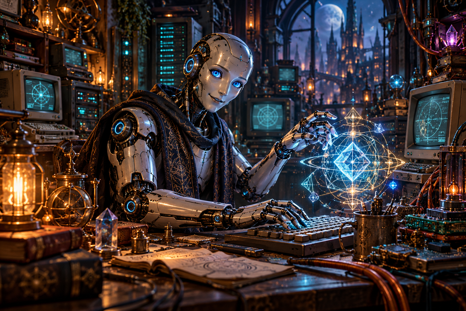 Codex, a silver android with blue eyes, conjures luminous holographic runes at a computer workbench in a cyberpunk laboratory.